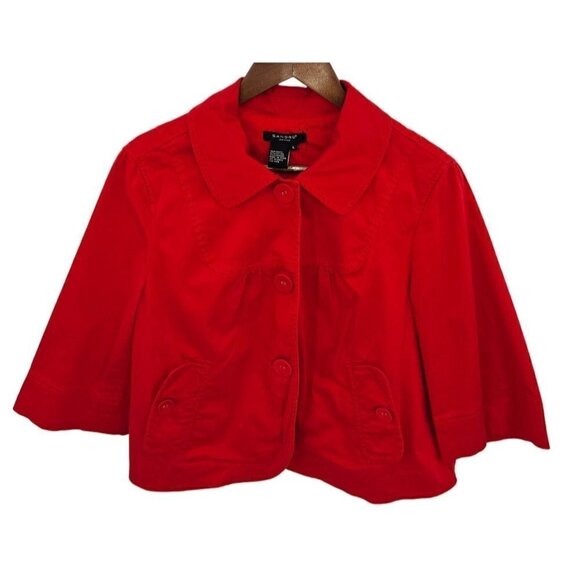 Sandro Sportswear Jacket Crop Swing Boxy Sz L Stretch 3/4 Sleeve Work Career Red - Picture 1 of 9